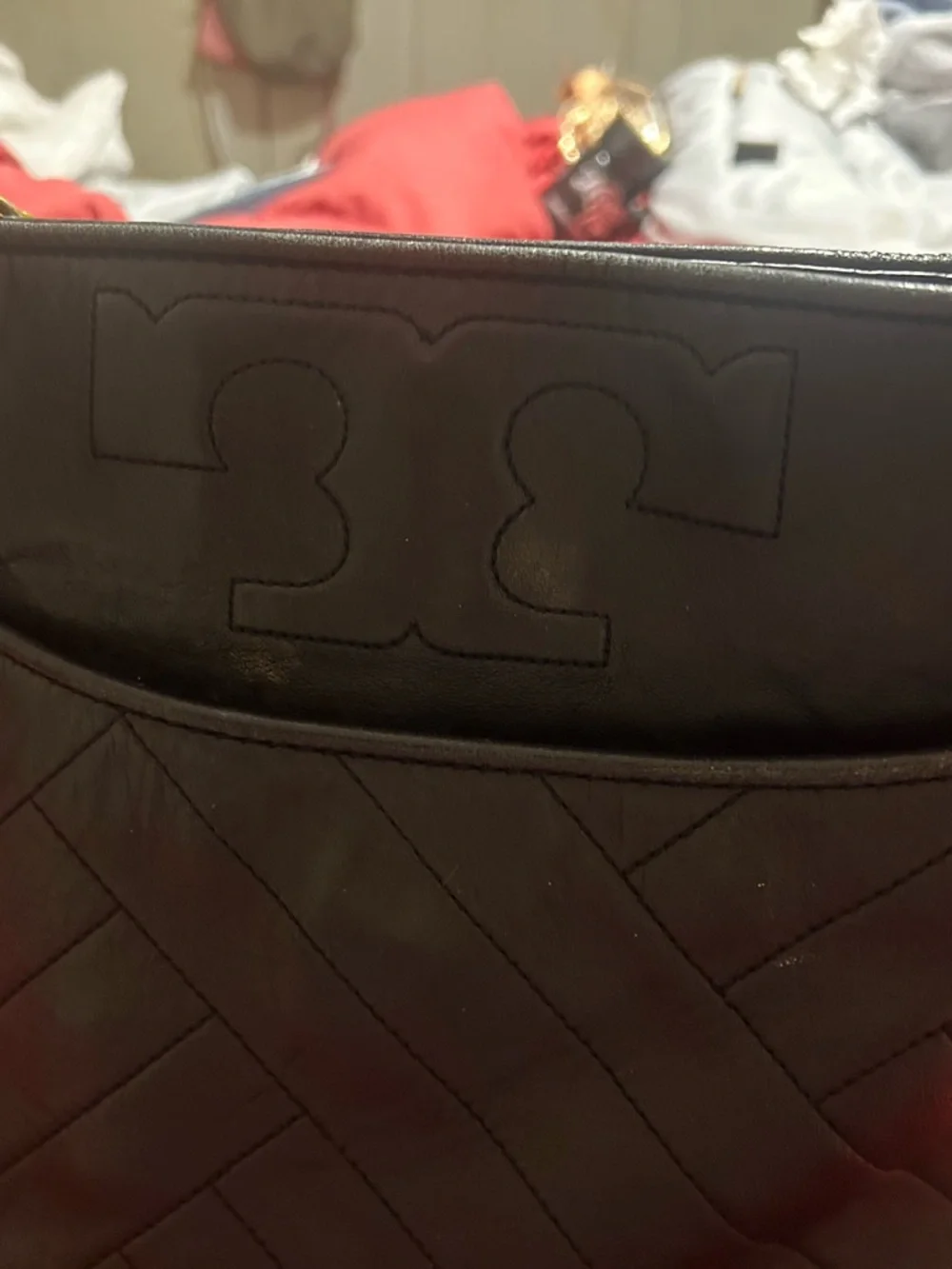 Tory Burch Black Quilted Leather Laptop Bag with Embossed Logo
